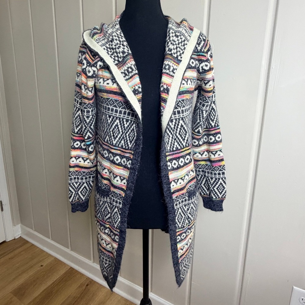 Monteau Los Angeles Womens Small Hooded Fair Isle Longline Cardigan Sweater Boho